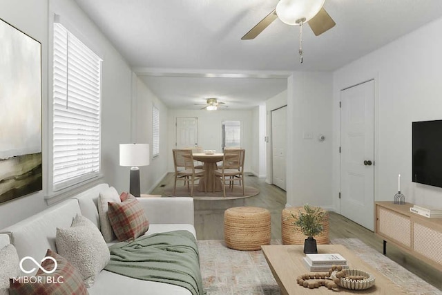 living room featuring light wood-type flooring and ceiling fan