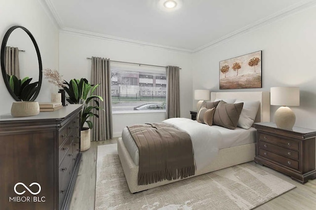 bedroom with crown molding and light hardwood / wood-style floors