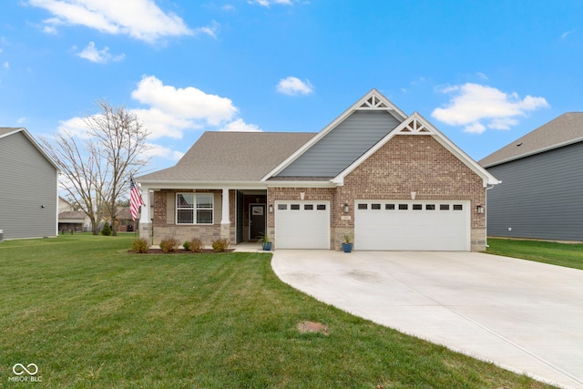 craftsman-style home with a garage and a front lawn