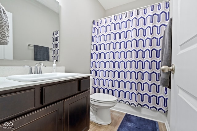 bathroom with toilet, vanity, and hardwood / wood-style flooring