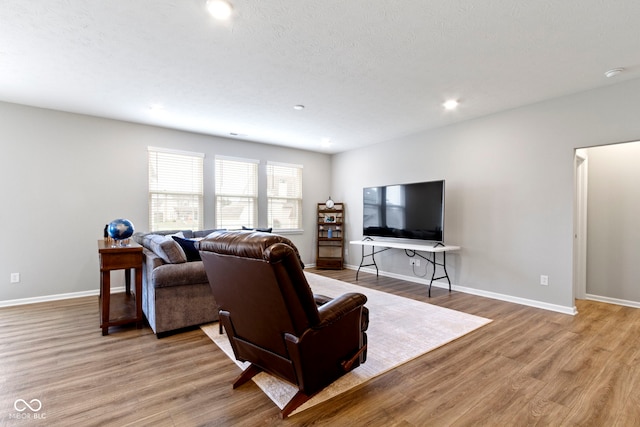 living room featuring a textured ceiling and light hardwood / wood-style flooring