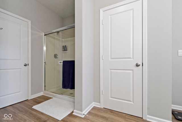 bathroom featuring walk in shower and wood-type flooring