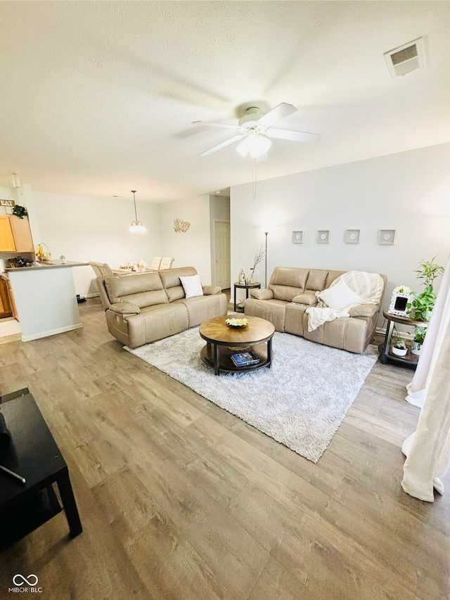 living room with ceiling fan, light hardwood / wood-style floors, and a textured ceiling