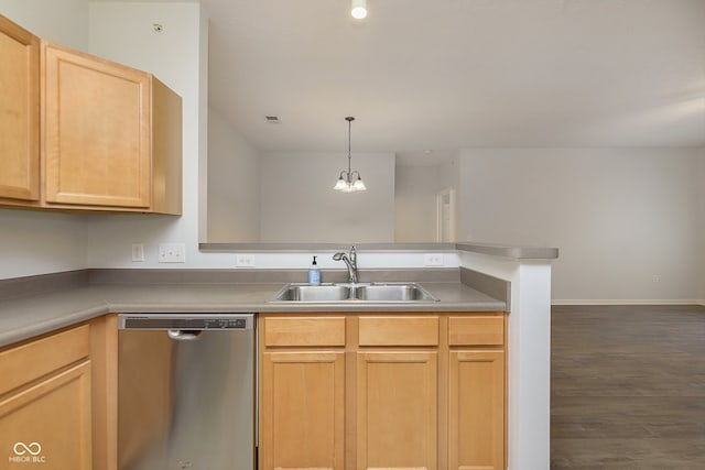 kitchen featuring light brown cabinets, dishwasher, dark hardwood / wood-style floors, and sink