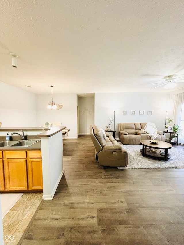 living room with a textured ceiling, ceiling fan with notable chandelier, light hardwood / wood-style floors, and sink