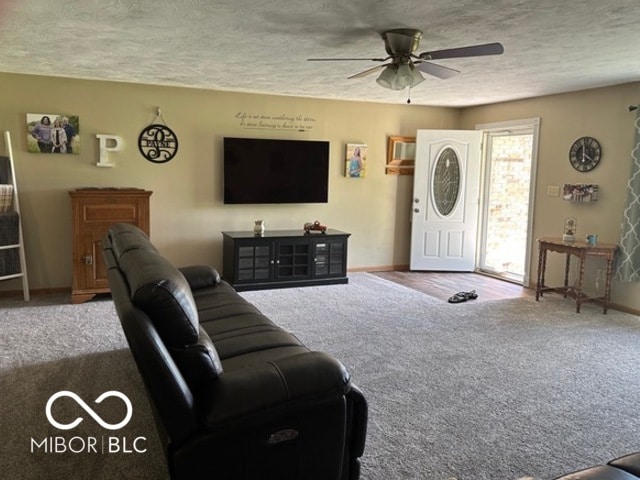 living room featuring carpet, ceiling fan, and a textured ceiling