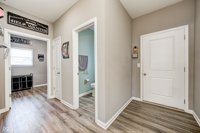 entryway with a textured ceiling and hardwood / wood-style flooring