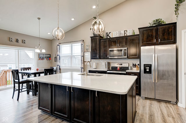 kitchen featuring pendant lighting, a kitchen island with sink, sink, appliances with stainless steel finishes, and dark brown cabinets