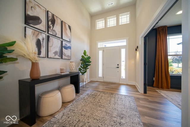 entryway featuring wood-type flooring and a towering ceiling