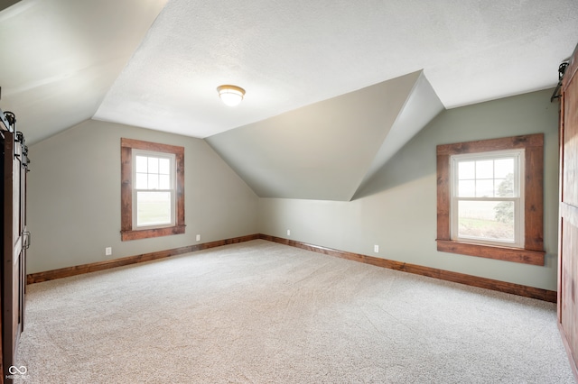 additional living space featuring a wealth of natural light, vaulted ceiling, and carpet flooring