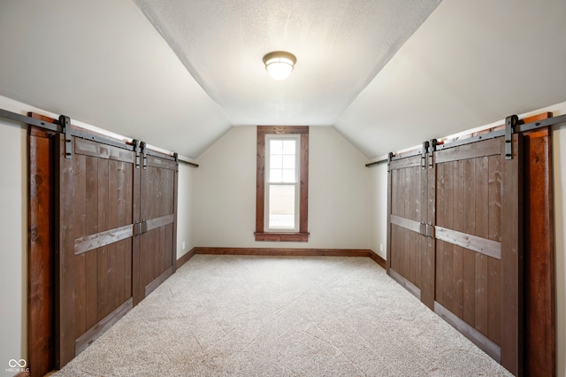 additional living space featuring a textured ceiling, light carpet, and vaulted ceiling