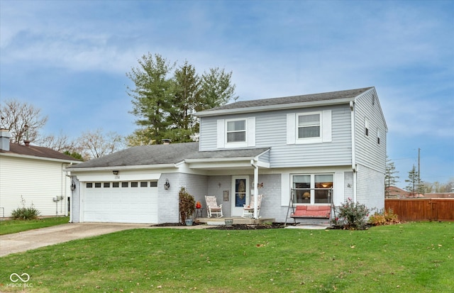 front of property featuring a porch, a garage, and a front lawn