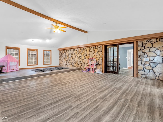 playroom featuring lofted ceiling with beams, ceiling fan, and wood-type flooring