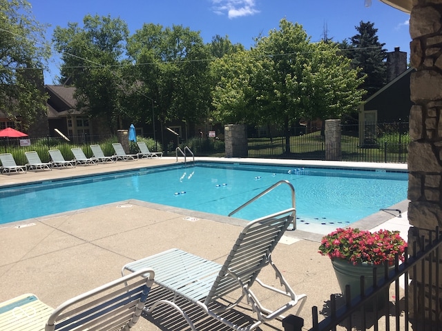 view of swimming pool with a patio