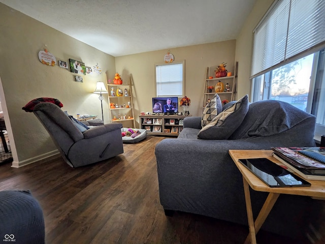 living room featuring dark wood-type flooring and a healthy amount of sunlight