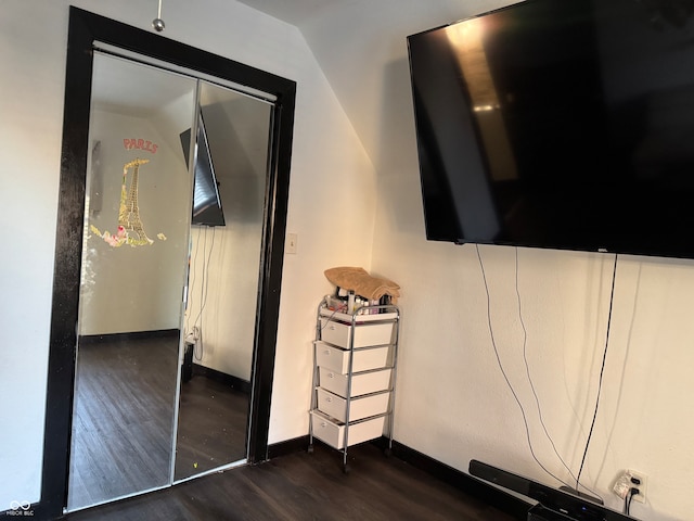 bedroom with a closet, dark wood-type flooring, and vaulted ceiling