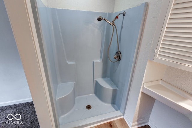 bathroom featuring a shower and hardwood / wood-style flooring