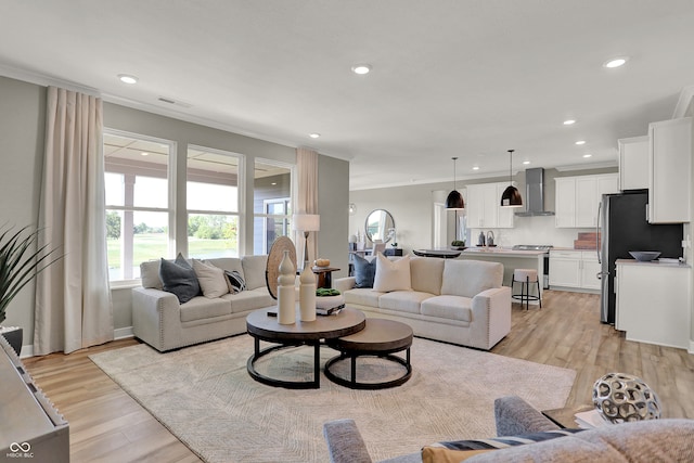 living room featuring light wood-type flooring and crown molding