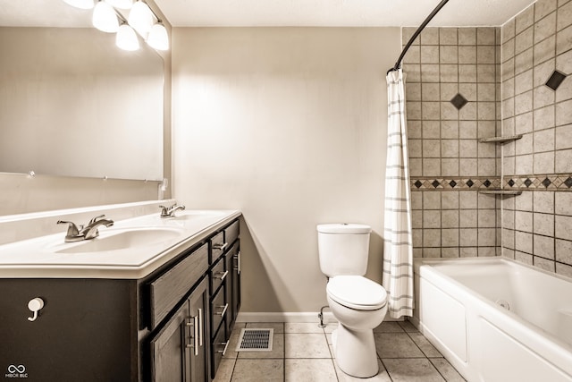 full bathroom featuring tile patterned floors, visible vents, toilet, a sink, and shower / tub combo