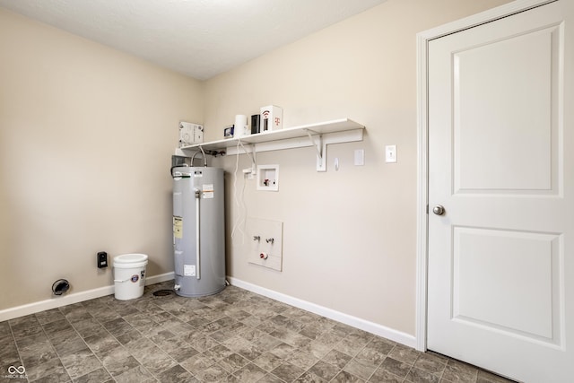 laundry area with washer hookup, water heater, baseboards, hookup for an electric dryer, and laundry area