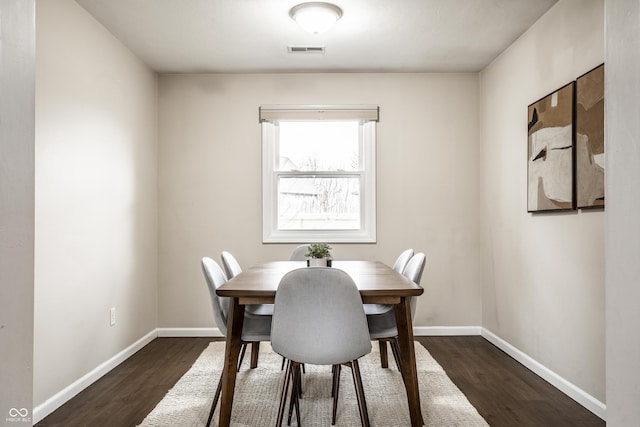 dining room with visible vents, dark wood-type flooring, and baseboards