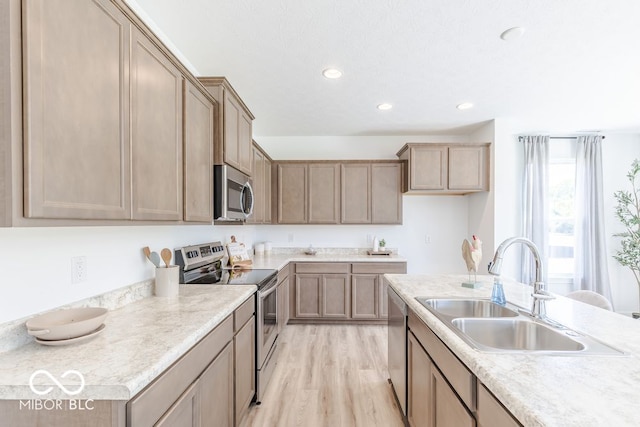 kitchen with light wood-type flooring, sink, and stainless steel appliances