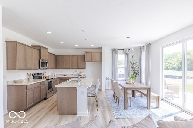 kitchen featuring light hardwood / wood-style floors, stainless steel appliances, sink, an island with sink, and decorative light fixtures