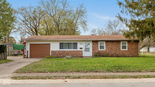 ranch-style house with a front lawn and a garage