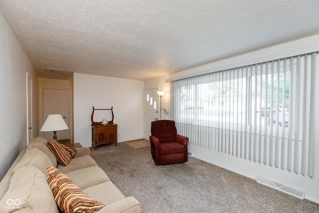 carpeted living room featuring a textured ceiling