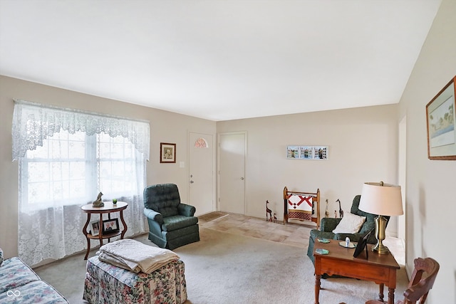 living room featuring light colored carpet