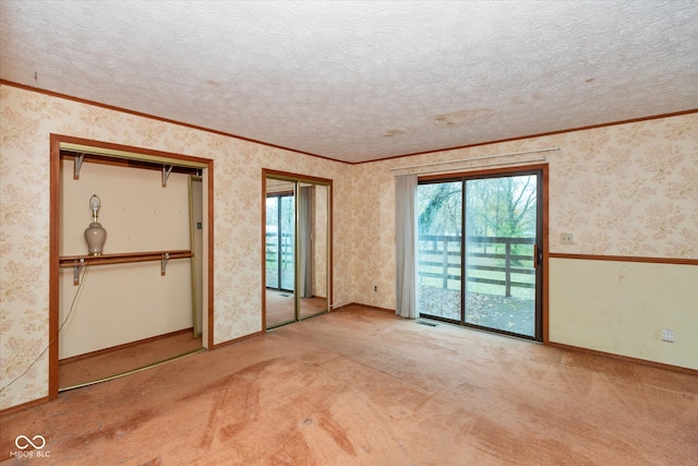 unfurnished bedroom featuring light colored carpet, a textured ceiling, and multiple windows