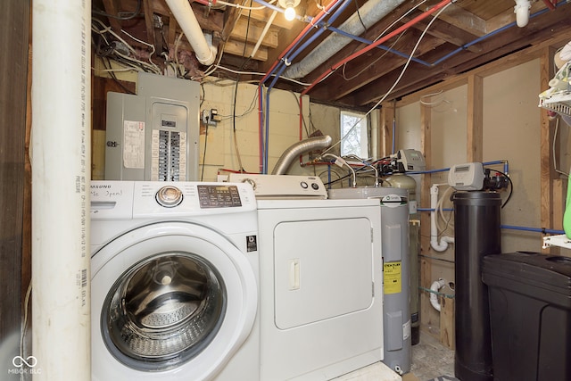 washroom featuring electric panel and washing machine and clothes dryer