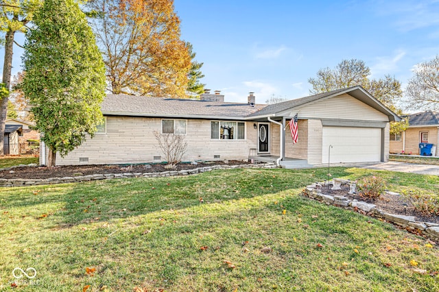 ranch-style home featuring a front lawn and a garage