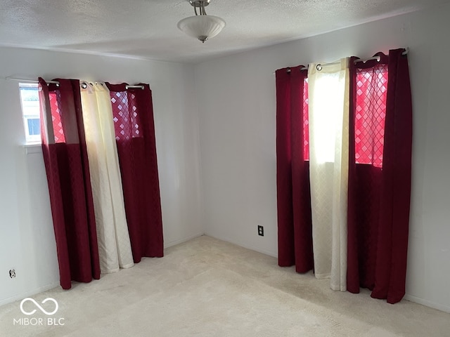 spare room featuring light colored carpet and a textured ceiling