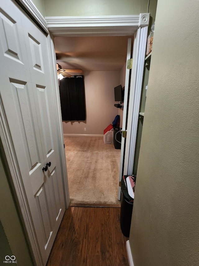 hallway with dark hardwood / wood-style flooring