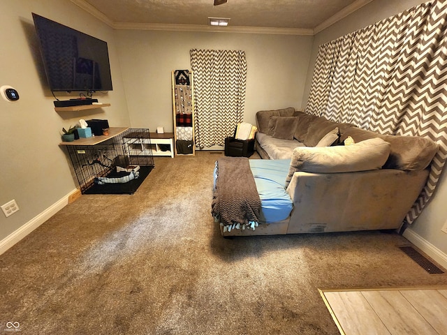 carpeted living room featuring a textured ceiling and crown molding