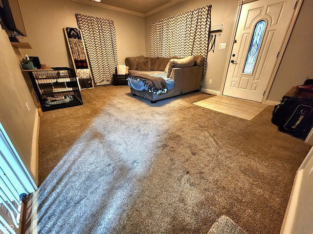 carpeted living room with ornamental molding