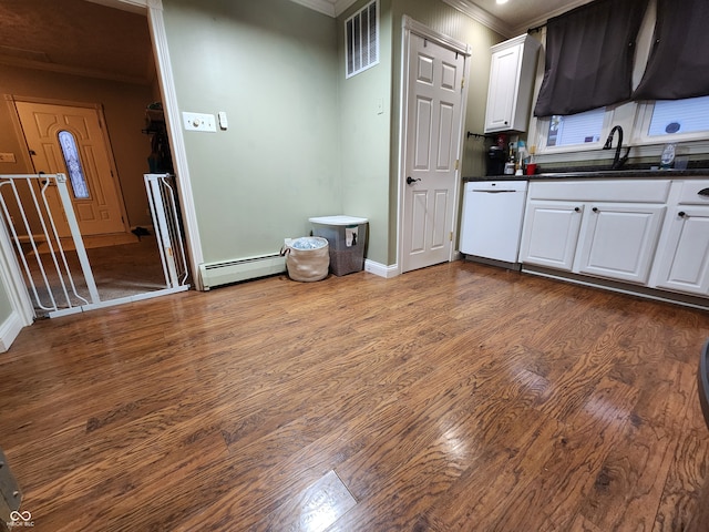 kitchen featuring dark hardwood / wood-style flooring, sink, white cabinets, dishwasher, and baseboard heating