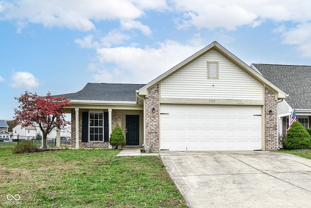 single story home with a front yard and a garage