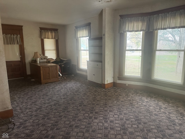 interior space featuring multiple windows and dark colored carpet