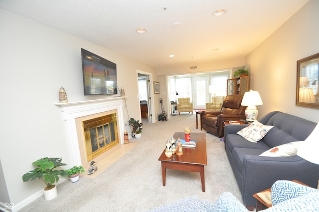 living room with light colored carpet