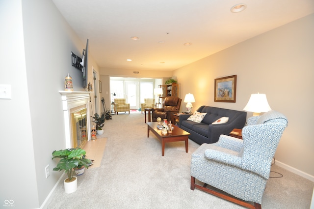 living room featuring light colored carpet