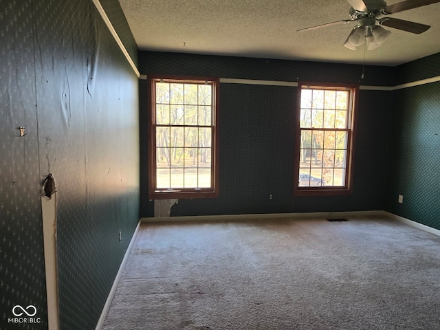 carpeted empty room featuring ceiling fan and a textured ceiling