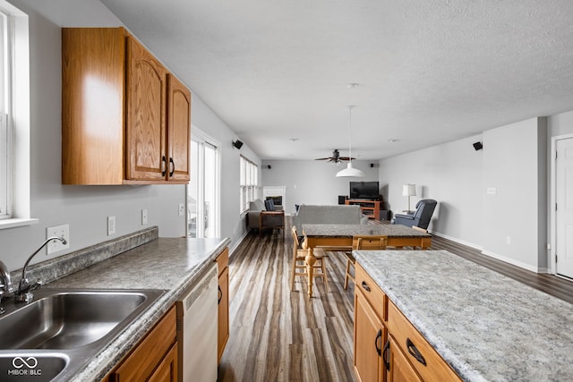 kitchen featuring a textured ceiling, white dishwasher, ceiling fan, sink, and dark hardwood / wood-style floors