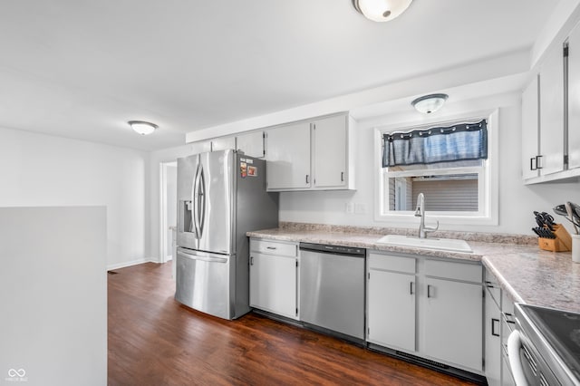 kitchen with white cabinetry, sink, dark hardwood / wood-style flooring, and appliances with stainless steel finishes