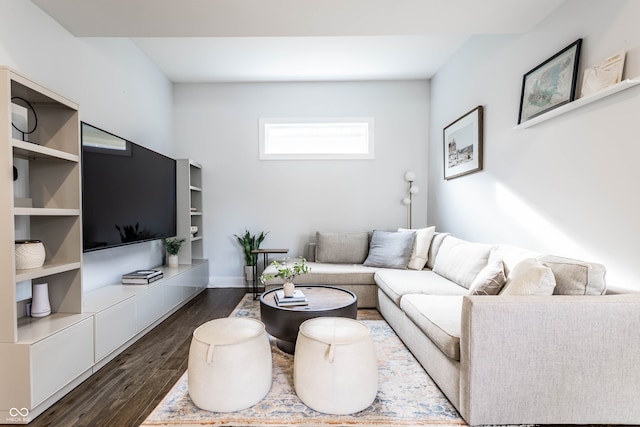 living room with dark hardwood / wood-style floors