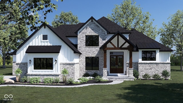 8030 Totton Ct, Zionsville, IN 46077 - view of front of property featuring board and batten siding, stone siding, a standing seam roof, a front yard, and a metal roof