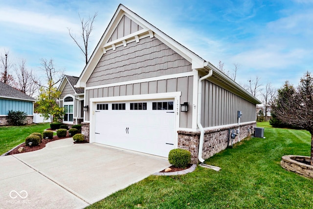 view of property exterior featuring central AC, a garage, and a lawn