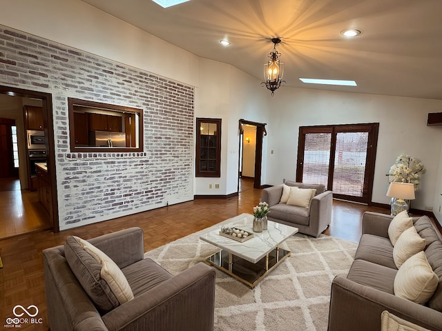 705 W 6th St, Seymour, IN 47274 - living area with a skylight, baseboards, parquet floors, and high vaulted ceiling