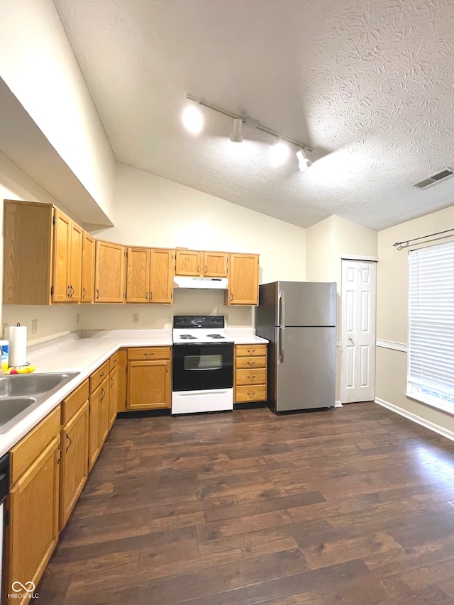 kitchen with rail lighting, white electric range oven, a textured ceiling, dark wood-type flooring, and stainless steel refrigerator